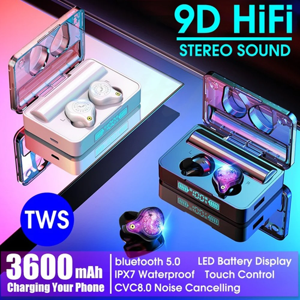 Najtaniej GOOJODOQ bezprzewodowe słuchawki Bluetooth IPX7 TWS 5.0 sport led słuchawki z redukcją hałasu HiFi 9D Stereo wodoodporne 3600mah