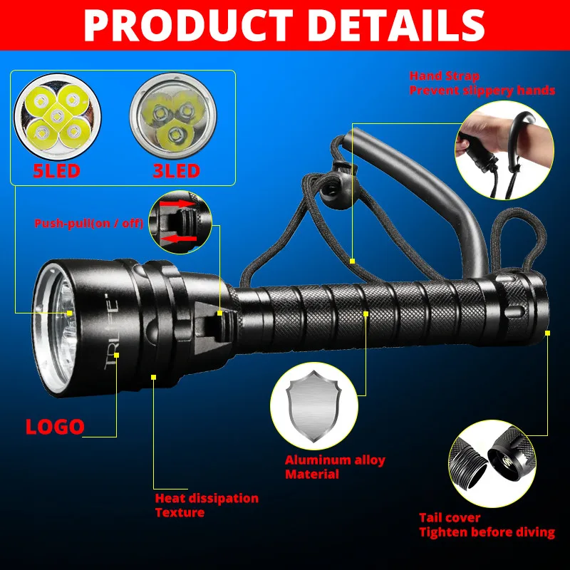 Description Picture 5 of itemIPX8 Waterproof Professional Diver Light Powerful  led Scuba Diving Flashlight LED Underwater 200M Torch Lamp Lanterna RU,Spain