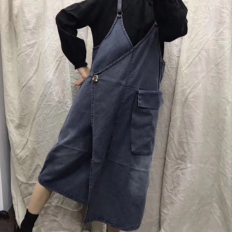 

2020 Spring New Style Literature And Art Irregular One-Button Loose And Plus-sized Cowboy Camisole One-piece Dress Women's