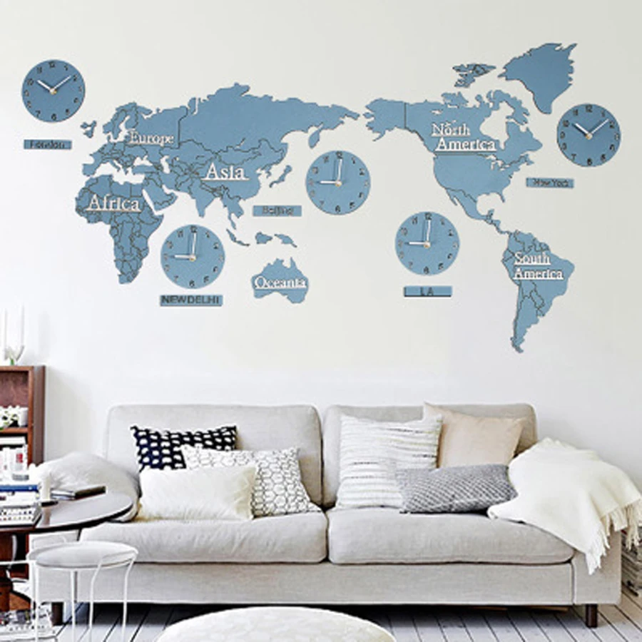 

Big DIY World Map Wall Clock Modern Design 3D Stickers Decoration Hanging Clock Large Wooden Watch Wall Clocks Home Decor Silent