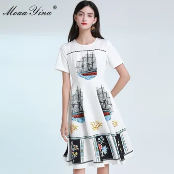 

MoaaYina Fashion Designer dress Summer Women's Dress Short sleeve Sailboat Print Diamond Dresses
