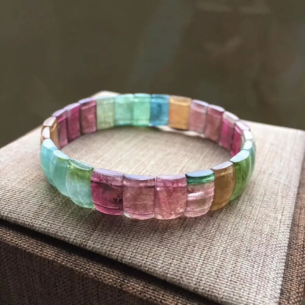 

Top Natural Rainbow Tourmaline Quartz Bracelet For Woman Man Brazil Crystal 12x7.5mm Rectangle Beads Stone Bangle Jewelry AAAAA