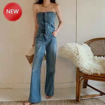 

high waist wide leg overalls women strapless sleeveless off ths shoulder full length blue denim jumpsuit Woman ClothesAutumn