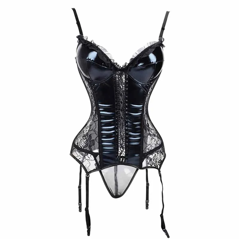 Sexy Gothic Women Steampunk Corselet Black Wetlook Pvc Leather Push Up Lingerie Bustier Underbust Corset Tops Lace Underwear (5)