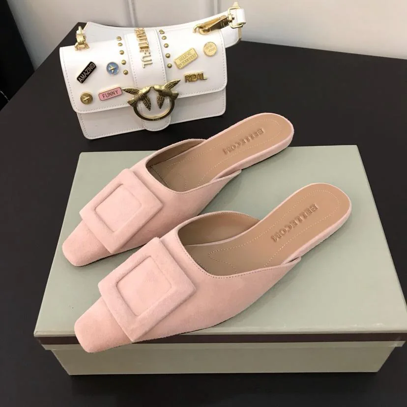 

BELLECOM New 2019 summer vintage leather buckle square head shallow slipper flat shoes are versatile women's shoes