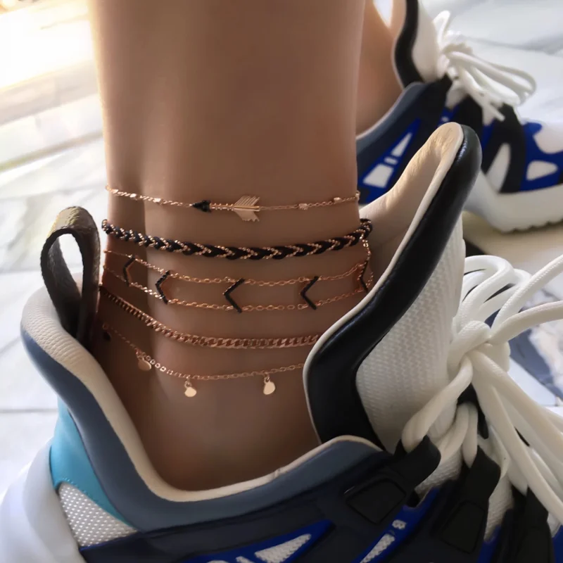 Docona-tobillera de flecha gótica negra para mujer, tobillera de cadena de lentejuelas hecha a mano, joyería para fiesta en la playa, 5 unidades/set 8851