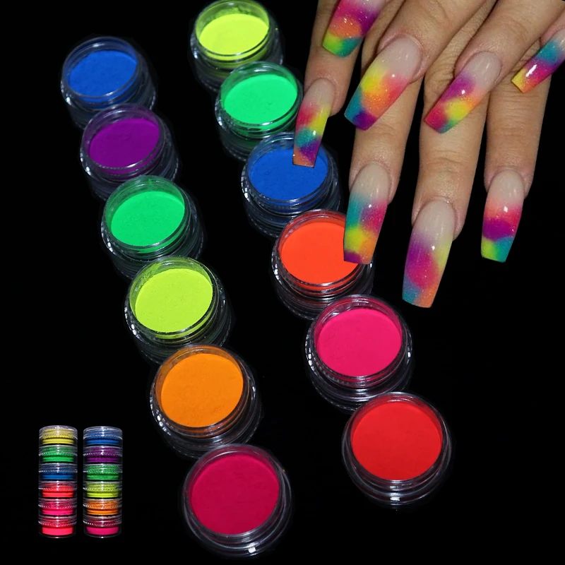 Polvo fluorescente de pigmento de fósforo de neón para uñas, juego de  purpurina para uñas, polvo de cromo degradado brillante, esmalte de Gel para  manicura DIY, decoración de Arte de uñas|Brillantina de