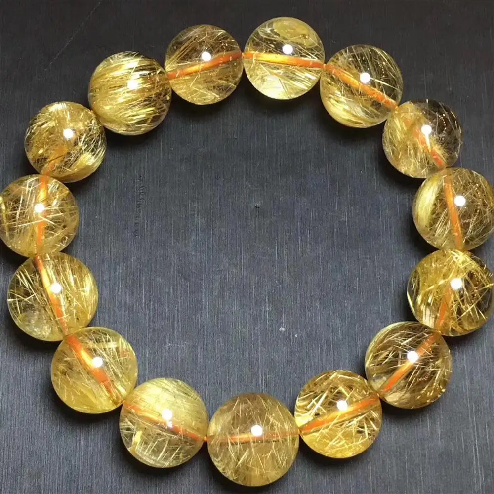 

15mm Natural Brazil Gold Rutilated Bracelet For Woman Man Crystal Titanium Stretch Round Beads Stone Jewelry AAAAA Certificate