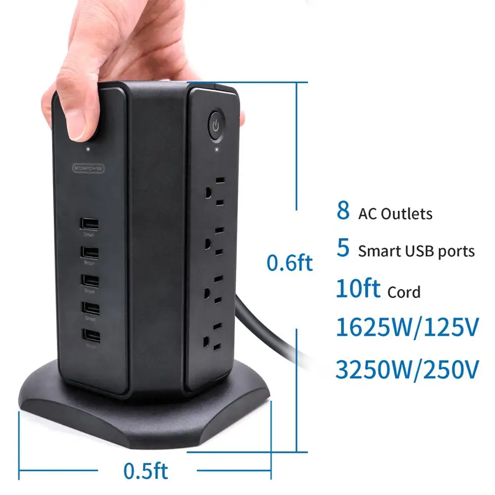 NTONPOWER US Power Strip Tower with 3M Extension Cord Surge Protector with Flat Plug 13A Circuit Breaker for Home and Office