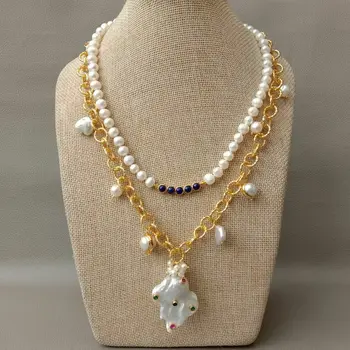 

2 Strands Cultured White Pearl Chain Necklace Blue Lapis Keshi Pearl Pendant 18"