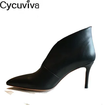 

Women Dress Shoes Deep V Shape High Heels Pointed Toe Pumps Runway Slip On Real Leather Stilettos Black Red Party Shoes Woman