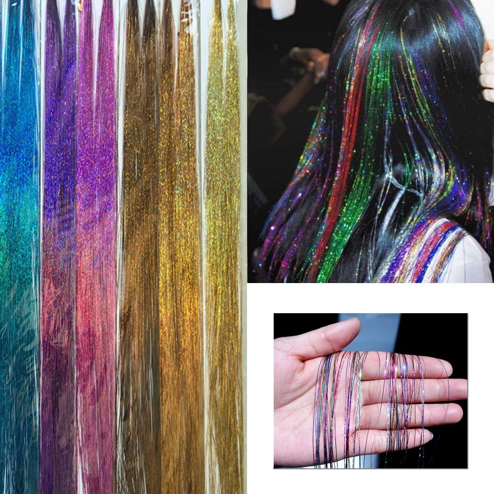 Sparkle Hair Tinsel Arcobaleno Fili Colorati Ragazza Copricapo Capelli Laser Estensioni Dei Capelli Finti Decorazione Bling Strisce Glitter Festa