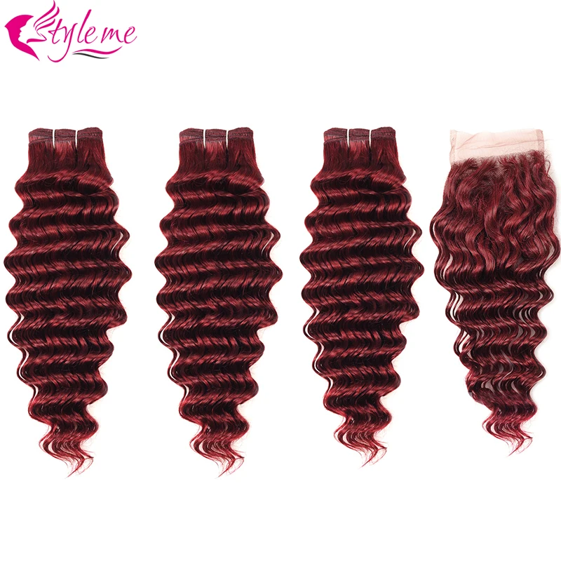 

Styleme 99J Burgundy Human Hair Bundles With Closure Brazilian Red Colored Straight Human Hair Weave Bundle With Closure Nonremy