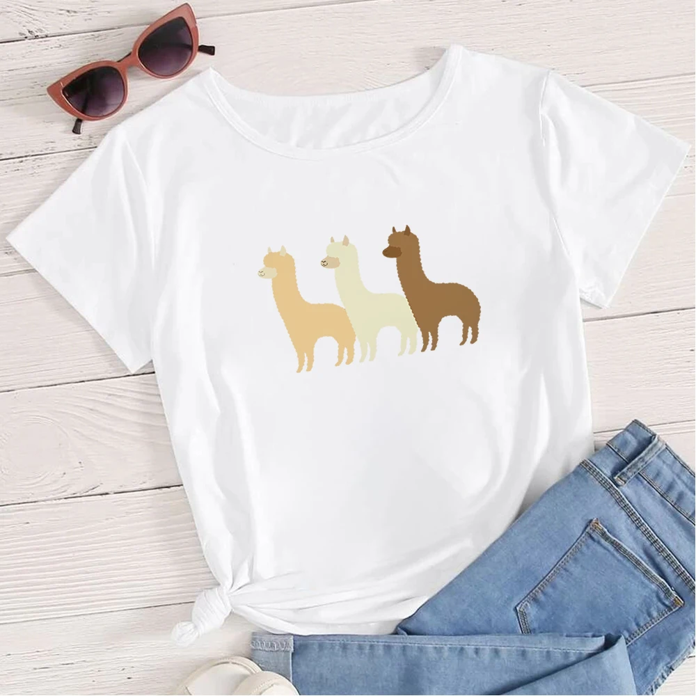 

Ropa Mujer Three Alpacas Print Fashion European Style T shirt Harajuku Versatile Aesthetic Women shirt Loose Round Neck Tshirt