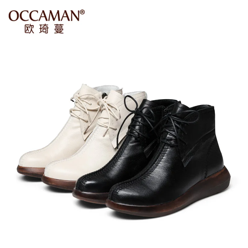 

OCCAMAN High Quality Cow Leather Flat Shoes Exquisite Sewing Design Soft Sole Martin Boots 16205