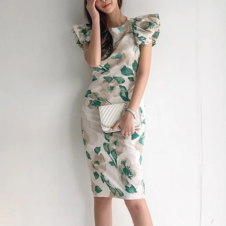 

2020 summer new ladies' temperament round neck slim slimming printed bag hip dress Sheath Sleeveless Office Lady