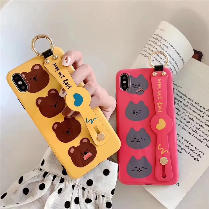 

Fashion Wristband Bracket Soft Shell Back Cover Anti-fall Phone Case For Huawei P20 P30 Mate 20 Pro Nova 5 4 3 Cartoon Bear Capa