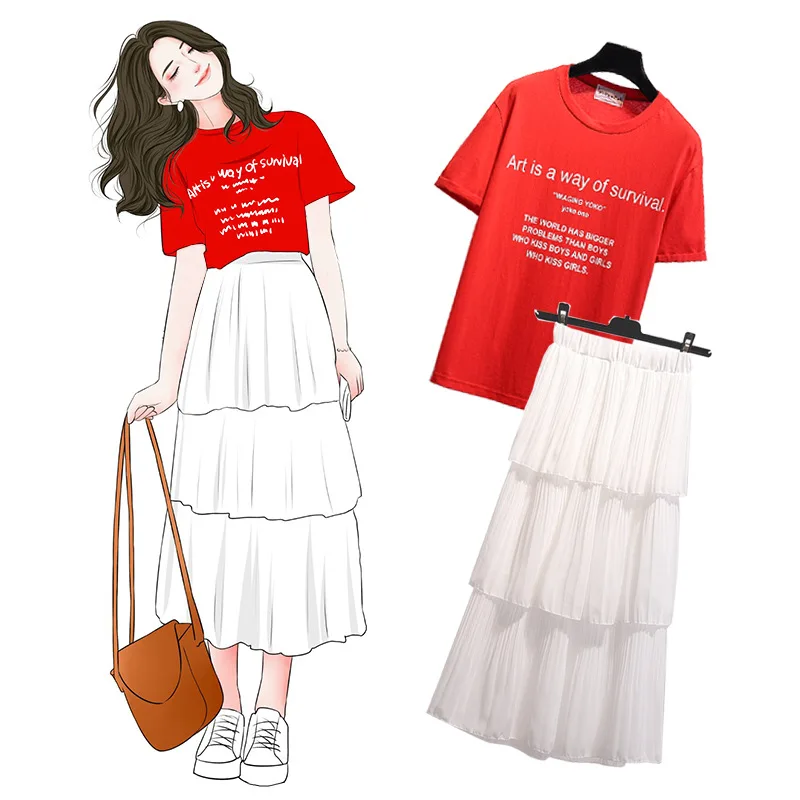 

Korean-style New Style Students Cake Dress Set Versatile Lettered T-shirt Mid-length Fairy Two-Piece Set