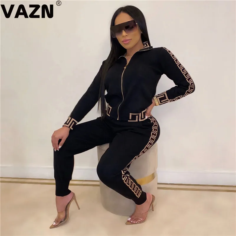 

VAZN Autumn Sport V-neck Striped Comfortable Sexy 2019 Set full sleeve 2 Piece Sets Night Club Young Lady Sport Sets