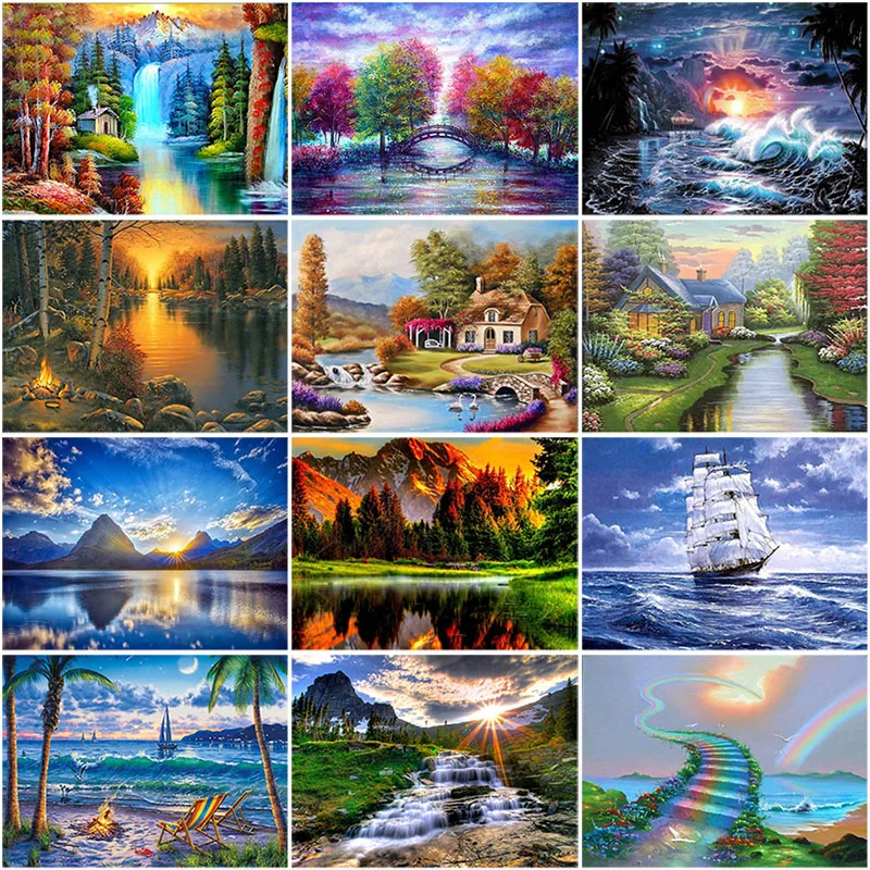 

5D Diamond Painting Cross Stitch DIY Lake Tree Landscape Diamond Embroidery Full Round Mosaic Rhinestone Home Decor Wall Sticker