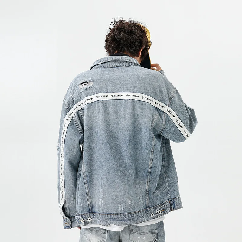 

2019 New Style American Popular Brand Men Jacket Autumn And Winter Washing with Holes Jacket Printed Letter Webbing Coat Men's