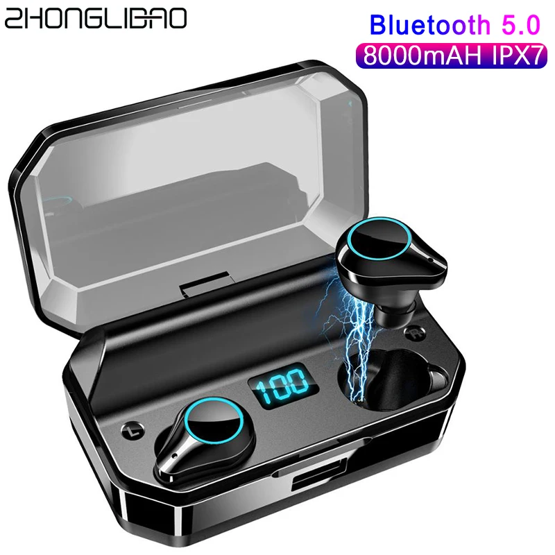 

8000mAh TWS Earphones 9D Stereo Bluetooth Microphone 5.0 Wireless Earphones IPX7 Waterproof LED Smart Power Bank Phone Holder