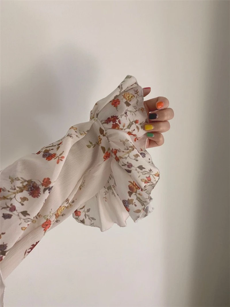 Lace Chiffon Mini Dress Women New Arrivals V-neck Lace Up Slim-fit Floral Print Flared Sleeve Dresses Sweet Sexy Female Spring A