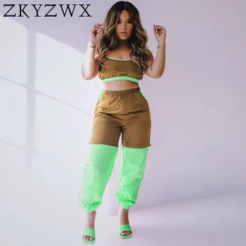 

ZKYZWX Sexy 2 Piece Set Women Tracksuit Summer Festival Clother Crop Top and Pant Sweat Suit Two Piece Club Outfits Matching Set