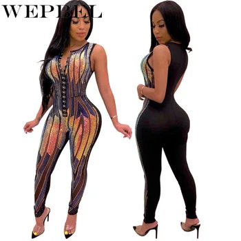 

WEPBEL Women Sexy Playsuit Rainbow Sequins Bandage Jumpsuit Sleeveless Deep V Neck Bodycon Romper Party Clubwear Playsuits