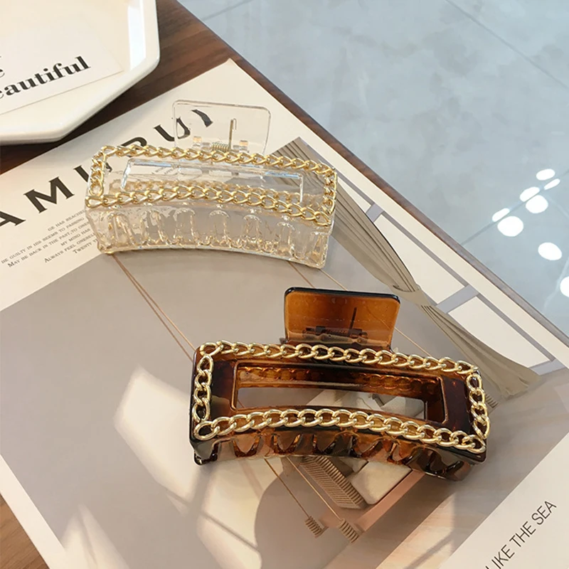 

Fashion Women Girls Geometric Hair Claw Metal Chain Grip Square Plastic Hairpin Crab Retro Hair Clips Hair Accessories