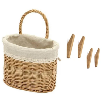 

1x Handmade Wicker Basket Rattan English Country Style Picnic Basket & 4Pcs Natural Wood Coat Hook Clothes Hanger