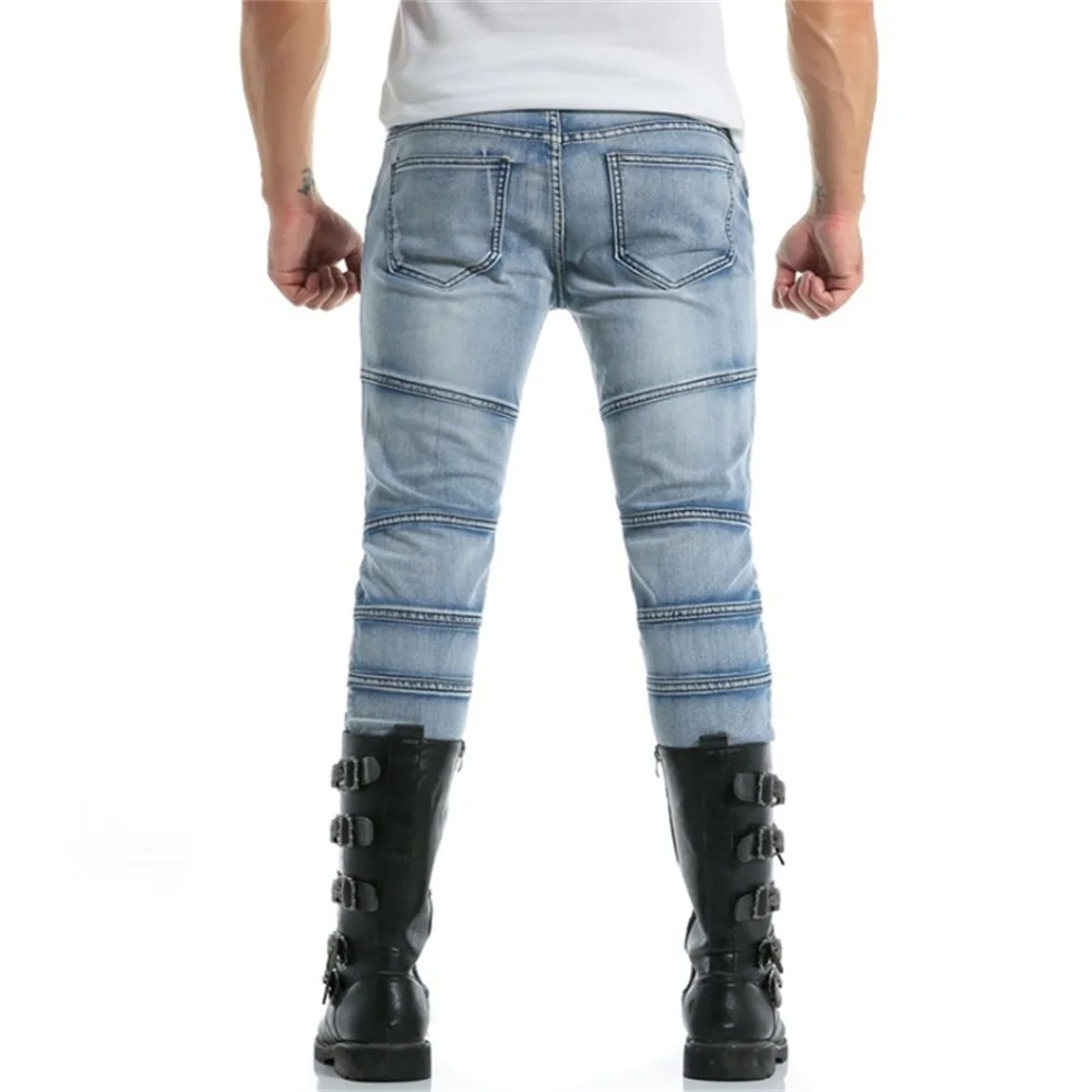 EH · MD® Stitching Jeans Men's Skin-tight Washed Slim-fit Three-dimensional Pleated High-elastic Solid Color Small Feet Black