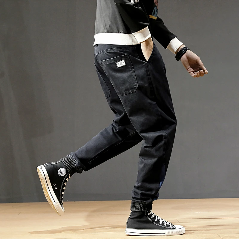 Japanese Style Fashion Men Jeans Loose Fit Stripe Spliced Cargo Pants Hombre Harem Jeans Streetwear Hip 4