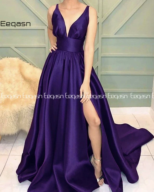 Eeqasn Elegant A Line V Neck Emerald Green Long Prom Dresses Slit Satin Women Formal Graduation Evening Dress 2020 Plus Size