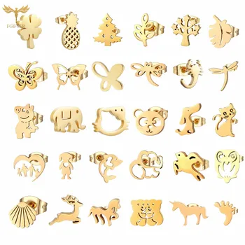 

Gold Color Stainless Steel Earrings for Women Girls Animal Clover Flower Cat Bird Unicorn Bear Butterfly Dragonfly Studs Jewelry