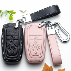 Image 1 - Leather Car Remote Smart Key Fob Cover for Ford Fusion Mustang Edge Ecosport Explorer F150 F250 2017 2018 2019 Car Key Covers