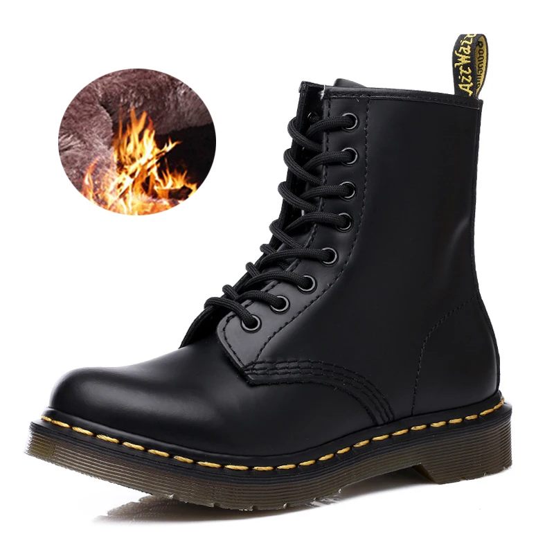 Black fur Унисекс; коллекция года; мужские ботинки; женские ботильоны; обувь из натуральной кожи; зимние Ботинки Martin на шнуровке; повседневные рабочие ботинки на меху - Цвет: Black fur