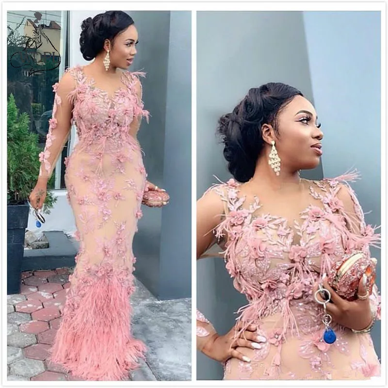 African 2020 Luxurious Lace Beaded Evening Dresses Mermaid Long Sleeves Feather Formal Party Aso Ebi Plus Size Vestido175