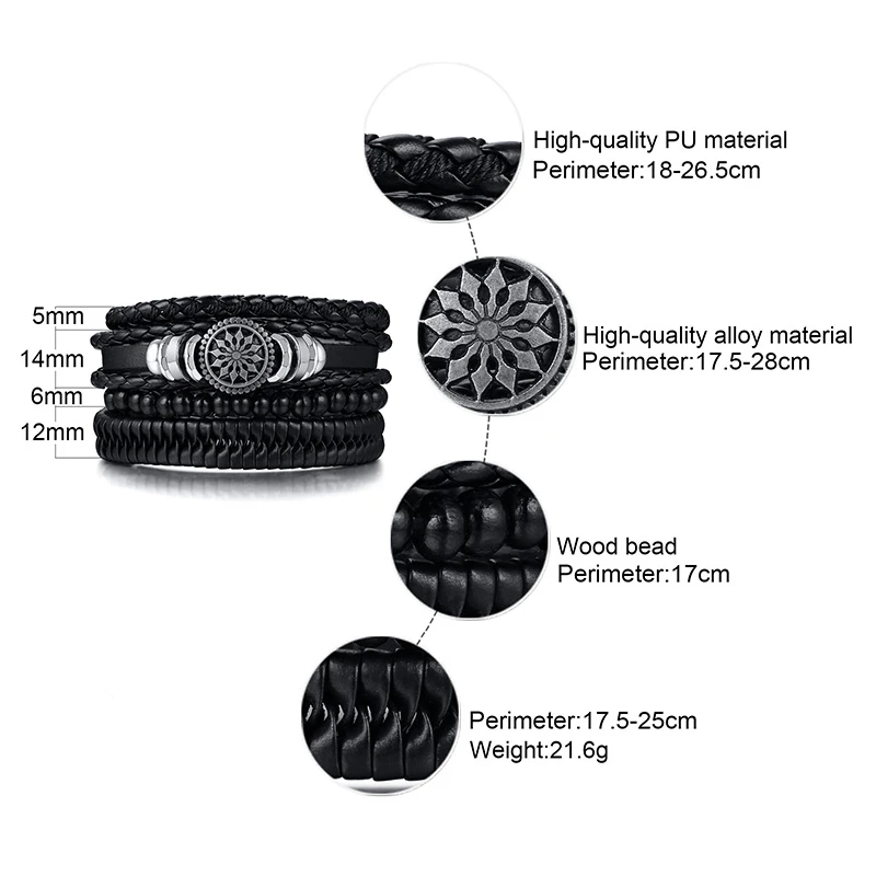 Vnox 4pcs/ set Adjustable Leather Bracelets for Men Braided PU Black Brown Bangle Life Tree Leaf Rudder Charm Bracelet Gift