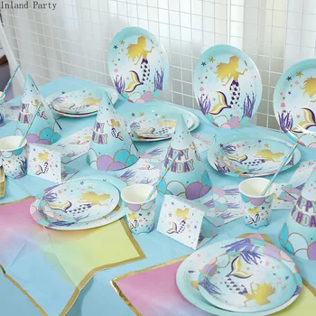 

Happy Birthday Party Set Mermaids Party Tableware Paper Cups Plate Baby Shower Party Decoration Girl First Birthday Party Supply