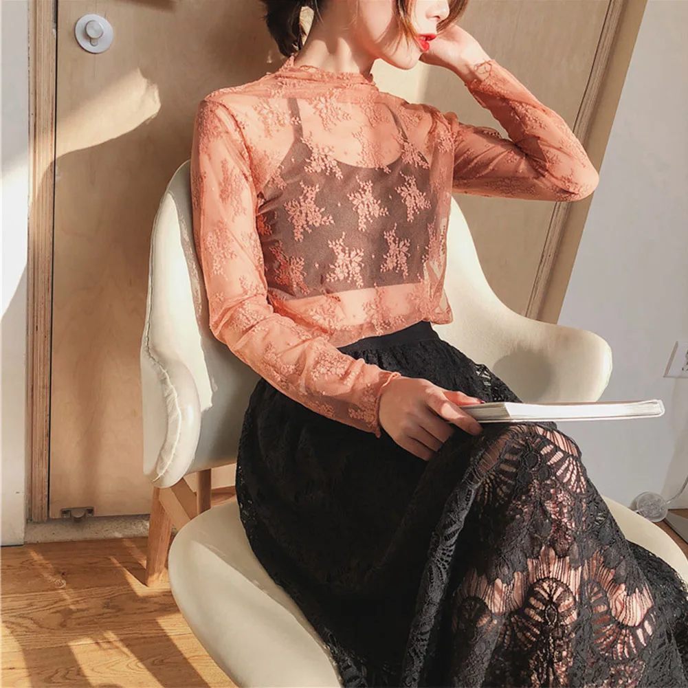 

Summer Long Sleeve Floral Embroidery Thin Ladies See Through Fashion Sexy Soft Stand Collar Tops Women Blouse Lace Mesh