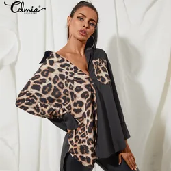Blusas e camisas femininas celmia sexy retro leopardo impressão assimétrico topos 2021 outono casual solto manga comprida camisas oversize