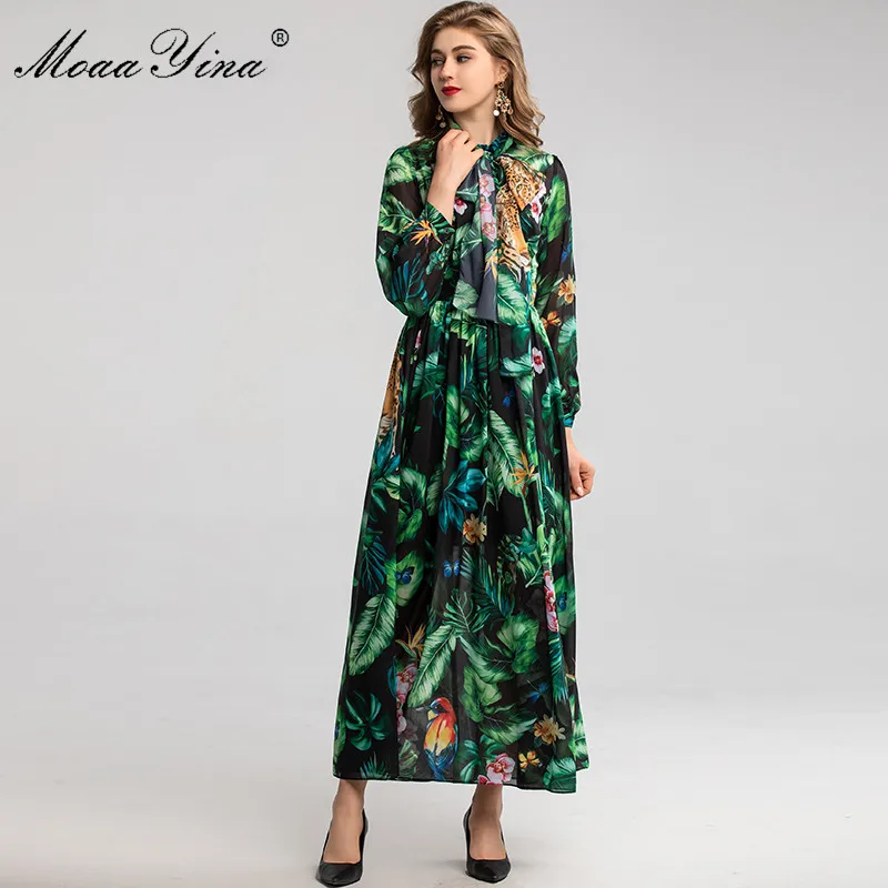 MoaaYina, модное дизайнерское платье, весна-лето, женское платье, длинный рукав, Зеленый лист, цветочный принт, платья для отпуска