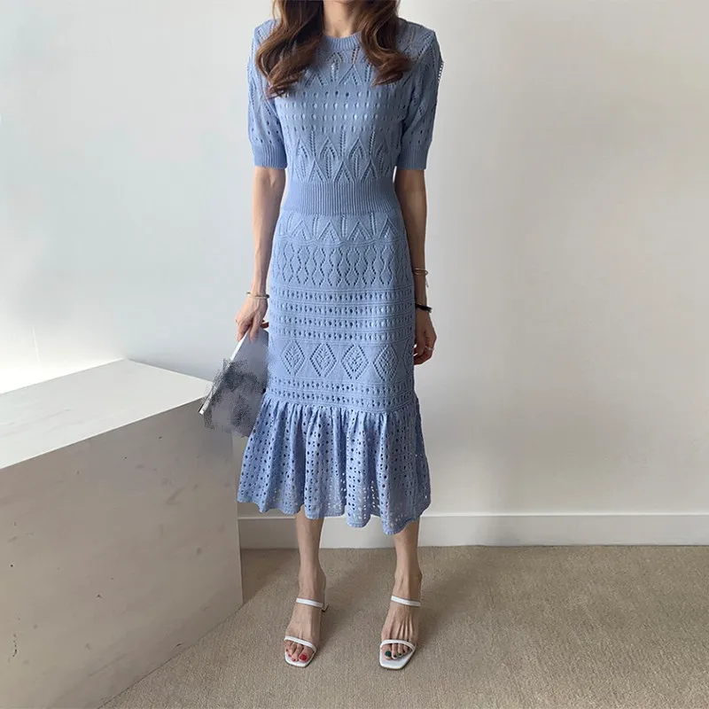 blue women dress RealShe, женское платье, элегантное, с круглым вырезом, с рукавом до локтя, с оборками, сплошное, трикотажное, женское, макси платье, весна-осень, винтажное платье - Цвет: blue women dress