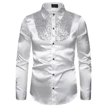 Camisa de festa de disco de seda de cetim de seda de luxo dos homens de luxo lantejoulas glitter camisas nova manga longa