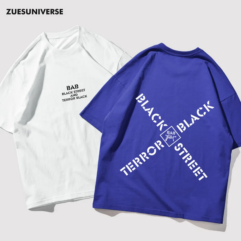 

Zues Men'S Wear Europe And America Street Fashion MEN'S Short-sleeved Shirt Printed Letter Cotton Loose-Fit Popular Brand round