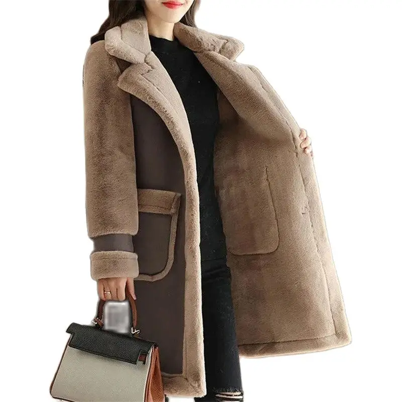2023 Winter Warm Coat Plush Thick Lamb Wool Coat Women's Mid-Long Thick Velvet Loose Deerskin Plush Fur Coat Female Warm Jackets