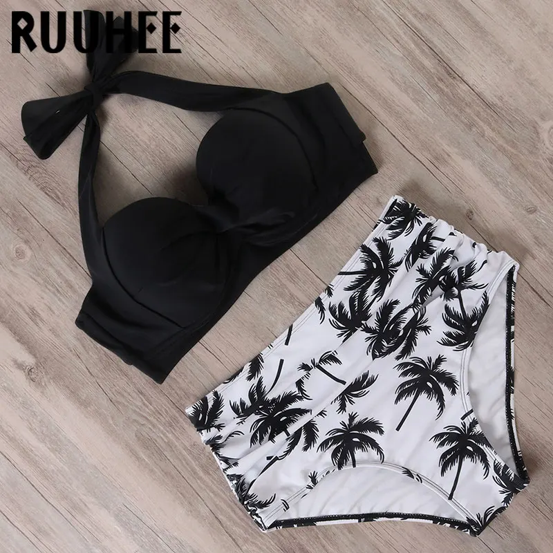 Preise RUUHEE Halter TOP Hohe Taille Bikini 2020 Frauen Bandage Bademode Push UP Badeanzug Leopard Schwimmen Set Maillot De Bain Femme neue