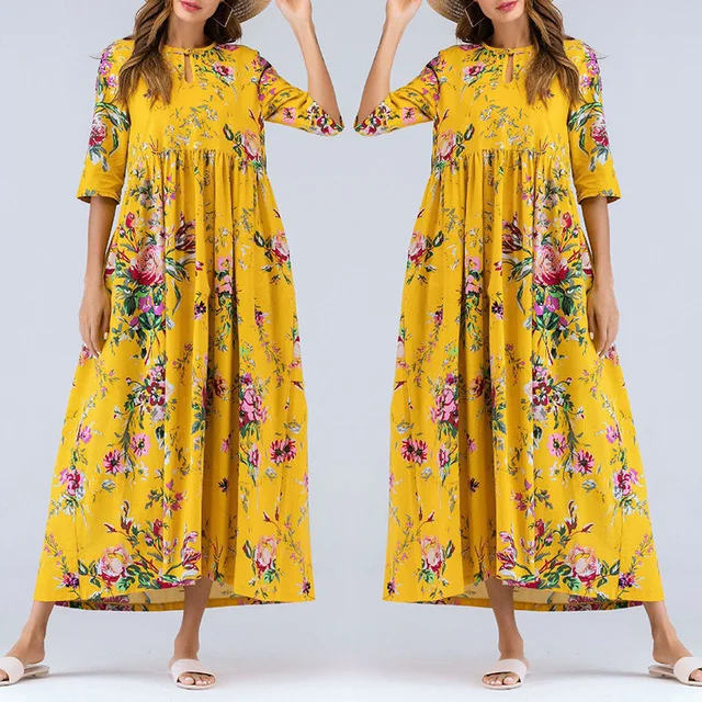 Yellow Женский кафтан пляжная одежда Boho хлопок лен свободная летняя одежда длинное платье от солнца - Цвет: Yellow