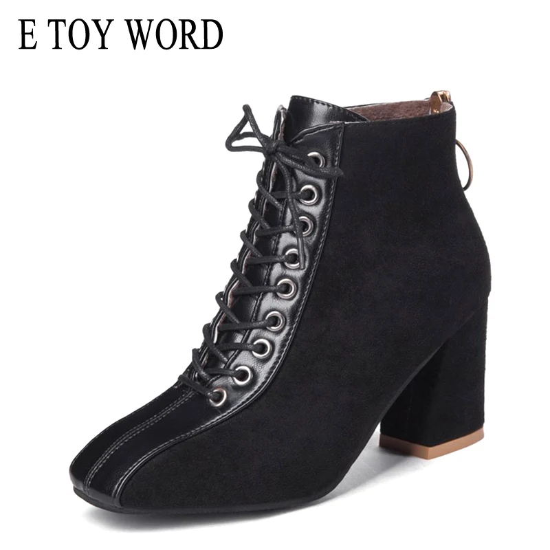 

E TOY WORD Womens Ankle Boots 2019 New Autumn Winter Fashion high heels boots black Lace Up women boots plush flock Martin boots